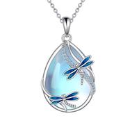 KQF Collar con colgante de libélula/mariposa/gato/medusa/conejo/ajolote/abeja/sirena/colibrí/elefante para mujer, collar con colgante de piedra lunar de plata de ley, libélula, regalo para mujer