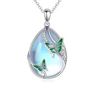 KQF Collar con colgante de mariposa, mariquita, libélula, abeja, medusa, sirena, búho, trébol, luna, colibrí, gato, plata de ley, colgante de piedra lunar, regalo para mujer, S, Plata esterlina