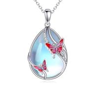 KQF Collar con colgante de mariposa, mariquita, libélula, abeja, medusa, sirena, búho, trébol, luna, colibrí, gato, plata de ley, colgante de piedra lunar, regalo para mujer, S, Plata esterlina