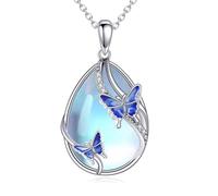 KQF Collar con colgante de mariposa, mariquita, libélula, abeja, medusa, sirena, búho, trébol, luna, colibrí, gato, plata de ley, colgante de piedra lunar, regalo para mujer, S, Plata esterlina