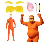 KQWVZ Disfraz de body naranja unisex, conjunto de mono abierto para cosplay con cejas, barba, vientre inflable y bomba de inflado, elastano para hombre, cara abierta para Halloween, carnaval y fiesta