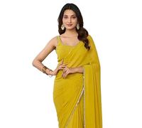 KRAFTLO Women's Ready to Wear Georgette One Minute Pre Pleated Mirror Saree With Unstitched Blouse, Mustard Yellow, talla única