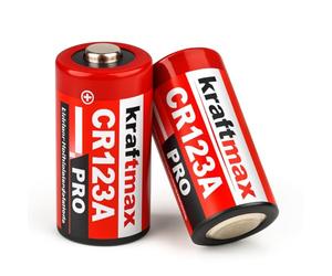 kraftmax Paquete de 2 pilas CR123A PRO de litio de 3 V, para linternas, cámaras, alarmas, no recargables, pilas de energía profesionales