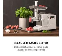 Klarstein Kraftprotz Picadora - Picadora de carne eléctrica, 700 W de potencia, 2 velocidades, Marcha atrás, Cuchilla de acero inoxidable, Gran bandeja de aluminio, Set de accesorios, Blanco