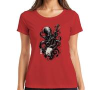 Kraken Shamisen Japanese Músico Japón Y2K Camiseta Mujer, rojo, XXL