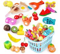kramow Cocina de Juguete de Madera con Frutas y Verduras para Cortar, Set de Comida de Juguete, Accesorios de Cocina de Madera para Juegos, Juguetes de Alimentos, Regalos para Niños Niñas 3+ años