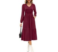 Kranda Vestido midi de manga larga abombada con cuello en V para mujer, casual, plisado, con volantes, con bolsillos, Rojo vino, M