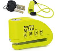KRASER KR6Y Candado Moto con Alarma 110dB, Antirrobo Disco Reforzado, 3 Llaves (Otros 2) Alta Seguridad, Impermeable, Accesorios Cable Bolsa Pilas, Pinza Cepo Bloqueo 6mm Universal Scooter Bicicleta