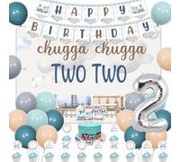 kreat4joy Chugga Chugga Two Two Birthday Party Decorations2nd Train Birthday DecorationsRetro Blue Balloon Banner Cupcake Cake Toppers Number 2 Foil Balloon for 2 Year Old Birthday PartyEU-F-PA-10235