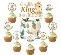 kreat4joy Decoración de león para baby shower, 25 piezas con texto en inglés "A Little King Is on The Way", decoración para tartas y magdalenas para león, bosque salvaje, selva, safari, baby shower,