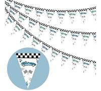 Kreat4joy Paquete de 3 banderines de carreras, banderines vintage para decoración de cumpleaños de coche de carreras, bandera a cuadros retro azul verde para fiesta temática de carreras de niños