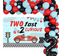 kreat4joy Two Fast Two Curious Birthday Decorations Boy, Race Car 2nd Birthday Decorations, Retro Red Black Blue Balloon Arch Backdrop Checkered Number 2 Wheel Foil Balloons for Let's Go Racing Party
