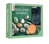 Kreativ-Set - Steine gießen: Buch (32 S., DIN A5, Softcover), Gießform, weißes Gießpulver, Farbpulver in Grün, Orange, Schwarz, Acrylmarker in Silber und Schwarz