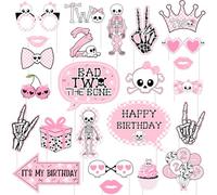 Kreatwow Bad Two The Bone Decoraciones de cumpleaños Pink Bad Two The Bone Photo Props 24 piezas con temática de esqueleto musical para 2º cumpleaños, decoración de fiesta de cumpleaños de rock and