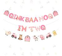 Kreatwow Decoración de cumpleaños de granja de 2º cumpleaños con texto en inglés "Baa Moo I'm Tw", pancarta de animales de granja, guirnalda de fiesta de animales de granja, decoración de segundo