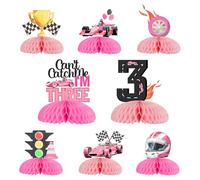 Kreatwow Decoración de fiesta de 3er cumpleaños de coche de carreras, color rosa, 8 piezas de centros de mesa de 3er cumpleaños, centros de mesa Can't Catch Me I'm Threy, decoración de mesa Let's Go