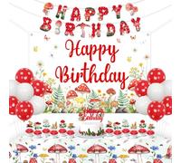 Kreatwow Decoración de fiesta de cumpleaños de hongos en acuarela, setas, feliz cumpleaños, telón de fondo de flores silvestres rojas, decoración de tartas, mantel de hadas del bosque, globos de