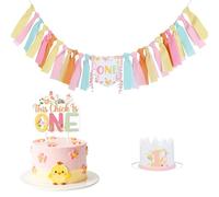 Kreatwow Decoración de fiesta de primer cumpleaños con temática de pollo para niña, pollo, una silla alta, sombrero de corona, este pollito es uno, decoración para tarta, gallina, asador, suministros