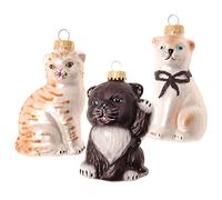 Krebs Glas Lauscha - Adornos para árbol de Navidad/Figura de Navidad de cristal - Juego de gatos de cristal - Cantidad: 3 unidades - Color: negro, blanco y blanco con rayas marrones - Tamaño: 7-8 cm
