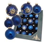 Krebs Glas Lauscha - Decoración navideña de cristal - Bolas de Navidad - Diseño: bola azul con copos de nieve dorados - 16 unidades