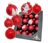 Krebs Glas Lauscha - Decoración navideña de cristal - Bolas de Navidad - Diseño: bola de Navidad roja con un paisaje de invierno y un duende - 16 unidades