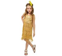Kreeqe Charming - Disfraz retro de baile latino para niñas con elegante falda de flecos para escenario de cascanueces y otoño para fiestas de baile (dorado, talla S)