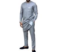 Kreeqe Elegante atuendo africano de Oriente Medio, étnico, ocio, ajustado, conjunto de camisa y pantalones para hombre, cómodo todo (plateado, L)