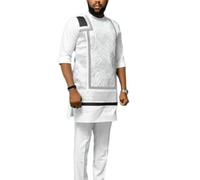 Kreeqe Elegante juego casual de inspiración árabe africana para hombre, con estampado digital étnico, camisa de manga corta y pantalón largo, traje de verano (blanco, XXXL)