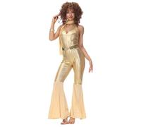 Kreeqe Groovy - Disfraz hippie de diva discoteca para mujer, fiesta de Halloween, traje de baile de máscaras, atuendo retro de los años 70 (dorado, talla M)