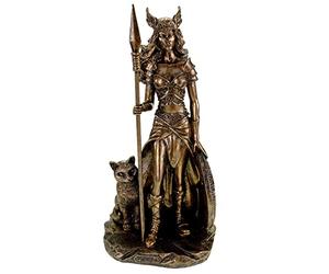 Kremers Schatzkiste Diosa germánica Freya en armadura con lanza y escudo y figura de gato salvaje Odin