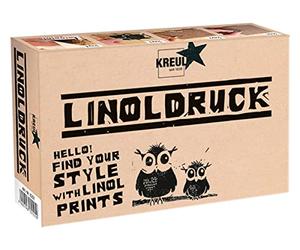 KREUL 15101 - Juego de linóleo con 20 ml de pintura negra para linóleo, mango con 3 gubias, placa de linóleo en formato A6, placa de vidrio y rodillo de goma