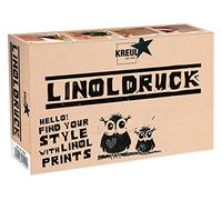 KREUL 15101 - Juego de tinta para linóleo, 20 ml de tinta negra para linóleo, 3 puntas cortantes, mango para puntas cortantes, plancha de linóleo DIN A6, plancha de vidrio y rodillo de goma