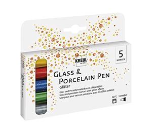 KREUL 16530 - Glass & Porcelain Pen Glitter, 5 rotuladores en Amarillo Sol, Rojo, Azul, Verde y Antracita, Ancho de Trazo Aprox. 1-3 mm, Color Semitransparente con Efecto Purpurina
