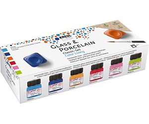 KREUL 16604 - Glass & Porcelain Classic Set Color Living, 6 x 20 ml de pintura y un pincel, alegres y brillantes pinturas al agua para vidrio y porcelana