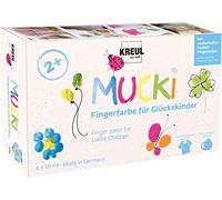 KREUL 23050 - Pintura de dedos Mucki para niños afortunados, 6 x 50 ml en amarillo, rosa, azul diamante, verde, naranja, plata dragón, sin parabenos, sin gluten, sin lactosa, vegano, lavable