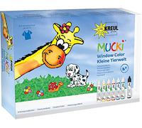 KREUL 24451 - Mucki Window Color Kleine Tierwelt Juego de colores para ventanas con 7 lápices de colores para ventanas de 29 ml, hojas de plástico y plantillas, vegano, sin gluten, sin lactosa