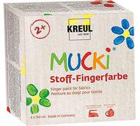 KREUL 28400 - Mucki Juego de 4 botes de pintura textil para dedos 150 ml Pintura vegana a base de agua sin parabenos, gluten ni lactosa
