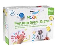 KREUL 29101 - Mucki pintura de dedos, caja de juegos de colores, pintamos con las manos y los dedos, set de aprendizaje y juego, 5 x 50 ml pintura de dedos, 2 botes pequeños, ojos saltones