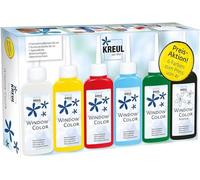 KREUL 42847 - Juego promocional de colores para ventanas, 5 frascos de pintura para ventanas de 80 ml, 1 frasco de pintura para contornos de 80 ml, hoja de plástico especial y plantillas de dibujo