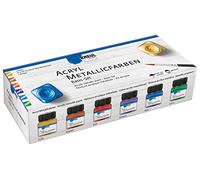 KREUL 77600 - Juego de 6 botes de pintura acrílica metálica de 20 ml con 1 pincel Pintura a base de agua, opaca y cremosa con un glamuroso efecto metálico Se seca rápidamente y es resistente al agua