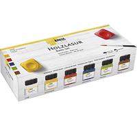KREUL 78500 - Tinte acrílico intensivo para Madera en Estuche, 6 x 20 ml de Pintura en Blanco, Amarillo Sol, Cereza, ultramarino, Pistacho, Granate y Pincel para Madera Natural no tratada