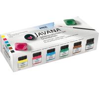 KREUL 81600 - Juego de pintura para seda Javana con 6 botes de pintura de vidrio de 20 ml, 1 tubo de guta de 20 ml y 1 pincel, para seda y tejidos ligeros Colores básicos