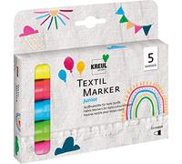 KREUL 90719 - Juego de marcadores textiles Junior, mediano, 5 piezas, ancho de trazo de 2 a 4 mm, marcadores textiles brillantes para tejidos de colores claros, el color neón brilla bajo la luz negra