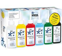 KREUL 42847 - Juego promocional de colores para ventanas, 5 frascos de pintura para ventanas de 80 ml, 1 frasco de pintura para contornos de 80 ml, hoja de plástico especial y plantillas de dibujo