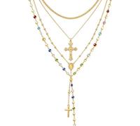 KRFWGUU 4 Piezas Collar Mujer, Conjunto De Collares En Capas, Collar Bohemio En Y Con Cuentas Coloridas, Largo De Rosario Vintage Y Colgante Cruz, Joyería Oro Ajustable
