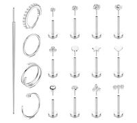 KRFY 16 piezas de anillos de nariz aros de acero quirúrgico hipoalergénico plana Volver pendientes de empuje en la nariz Studs Plata Medusa Helix Piercing Joyería 18G