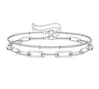 KRFY 2Pcs 925 Pulsera de Cadena de Clip de Plata Esterlina Clip de Papel 14 K Chapado en Oro Blanco Sólido Corte Diamante Clip Cadena Pulsera de Mujer Pulsera de Cuentas en Capas Ajustable para Niña