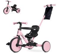 KRIDDO Triciclo Evolutivo 7 en 1 para Niños de 18 Meses a 5 Años - con Barra de Empuje, Triciclo y Bicicleta con o sin Pedales, Arnés de 3 Puntos, Bolsa de Almacenamiento, Rosa