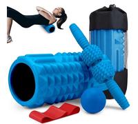 Krightlink Juego de rodillos de espuma 5 en 1, barra de rodillo de masaje, bola de masaje, banda de resistencia para masaje muscular profundo, liberación de puntos de activación, pilates, yoga (azul)