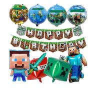 Krilucly - Juego de 10 piezas de decoración de cumpleaños, pancartas de feliz cumpleaños, globos para fiestas de videojuegos, juego de globos Pixel para cumpleaños, kit de suministros para fiestas de
